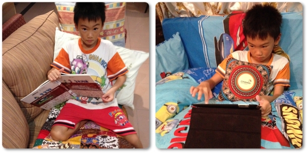 We borrowed many books from the library and read all day long. That small soft pillow on the right picture was a souvenir from answering quiz in The Great Adventure Exhibition in Changi Airport